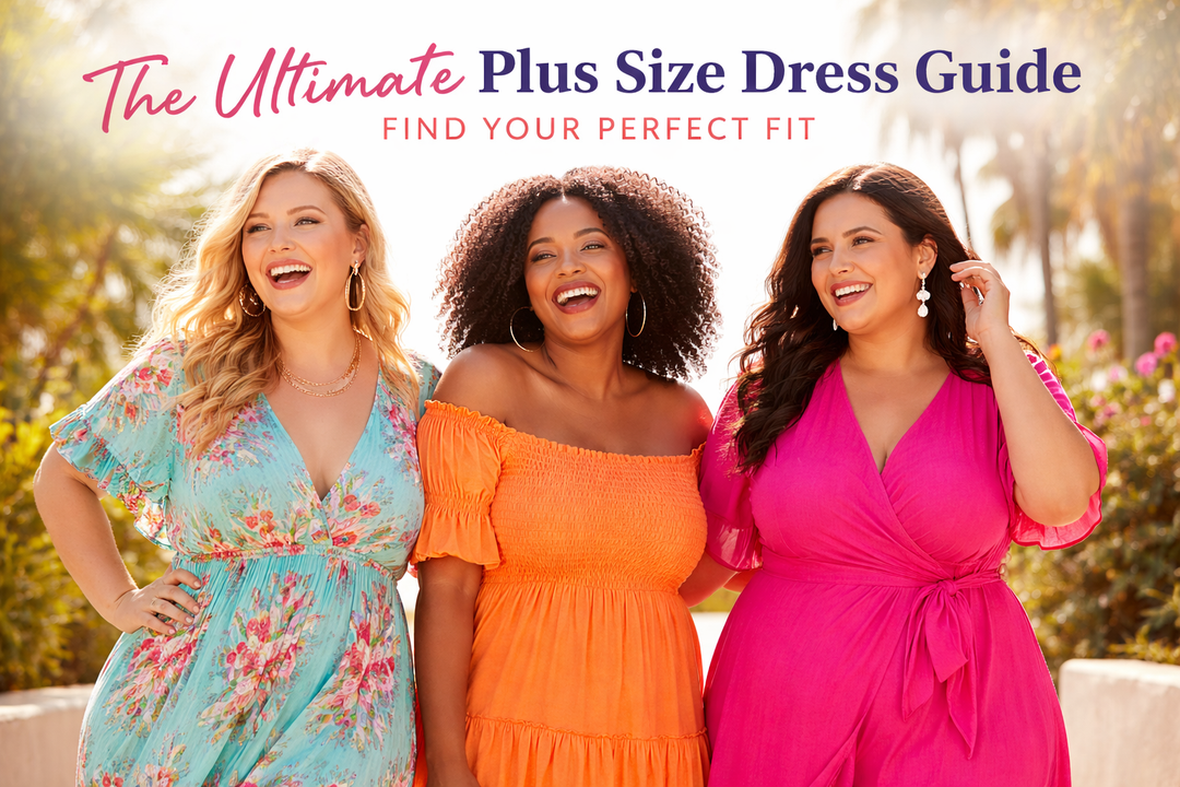 Three plus size women in colourful dresses smiling — The Ultimate Plus Size Dress Guide by Nuchic
