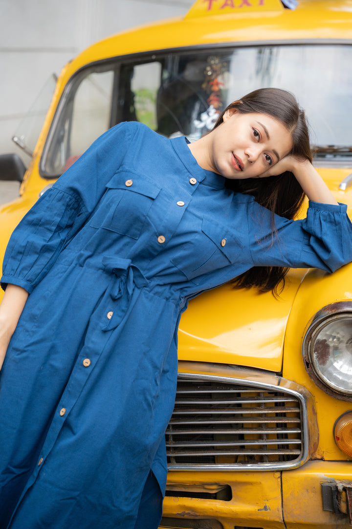 Classic Blue Linen Shirt Dress - Feminine & Relaxed Fit