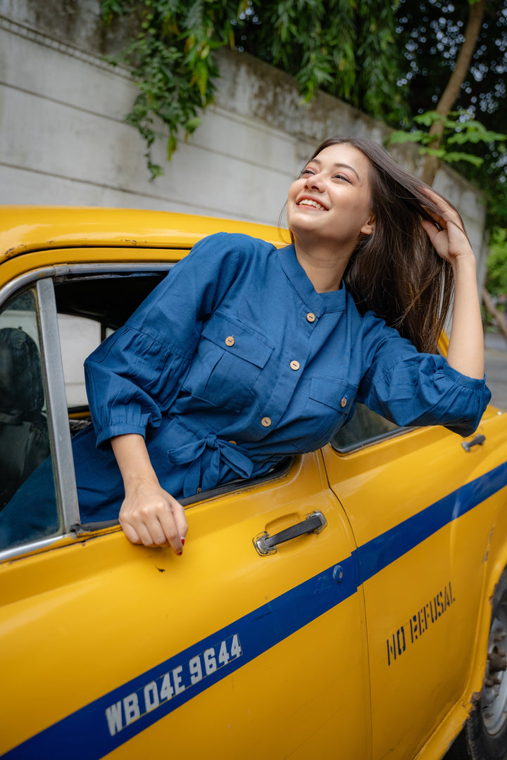 Classic Blue Linen Shirt Dress - Feminine & Relaxed Fit