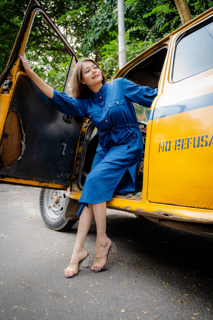 Classic Blue Linen Shirt Dress - Feminine & Relaxed Fit