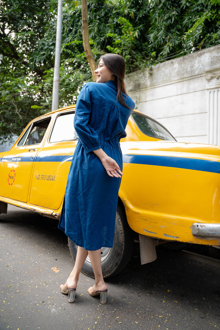 Classic Blue Linen Shirt Dress - Feminine & Relaxed Fit