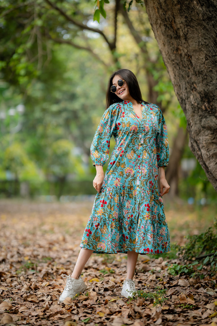 Joyful Garden Green Raglan Midi Dress