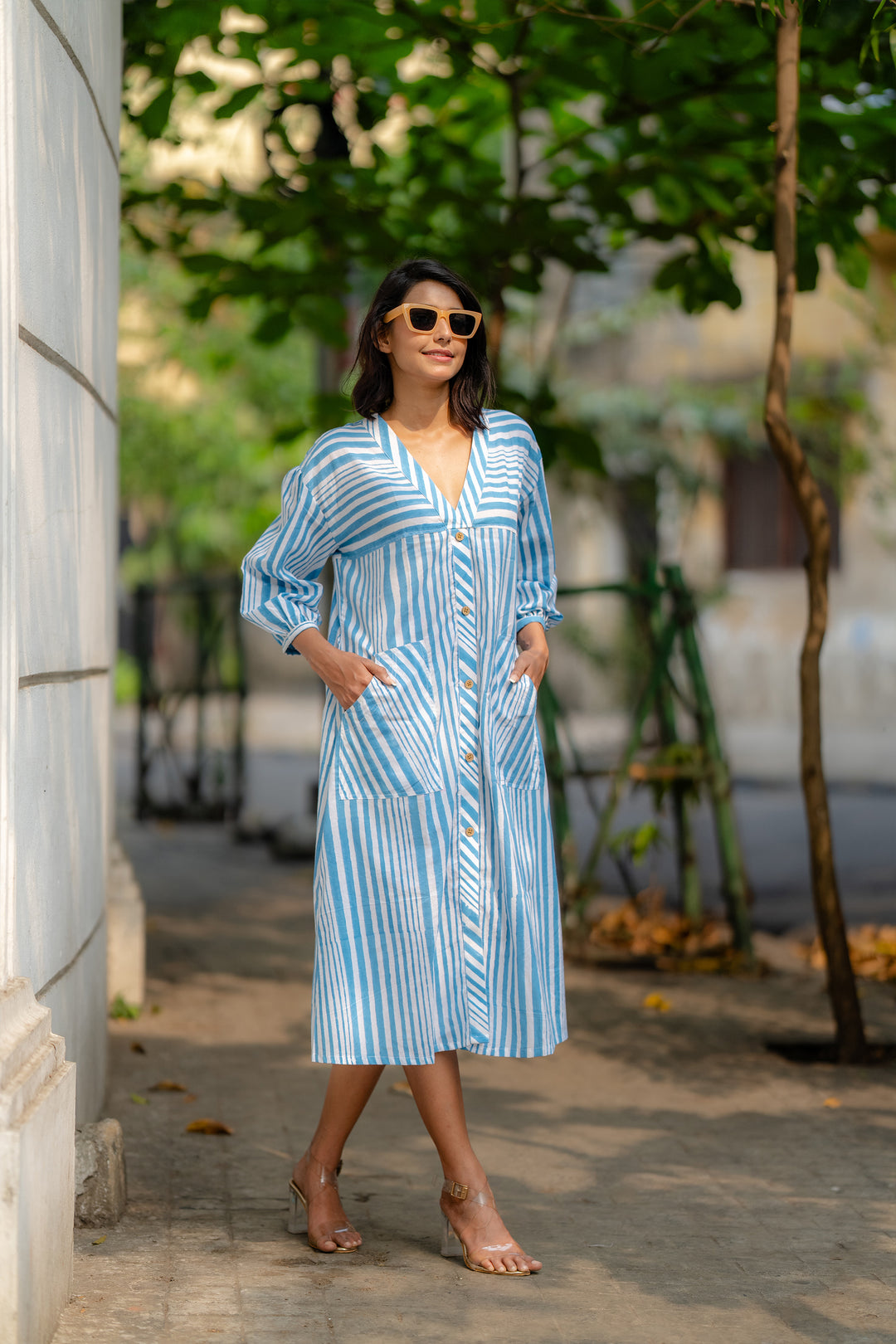 Sunny Skyline Blue White Striped Cotton A-Line Midi Dress | Nuchic Plus-Size Sunny Skyline Blue White Striped Cotton A-Line Midi Dress | Nuchic Plus-Size