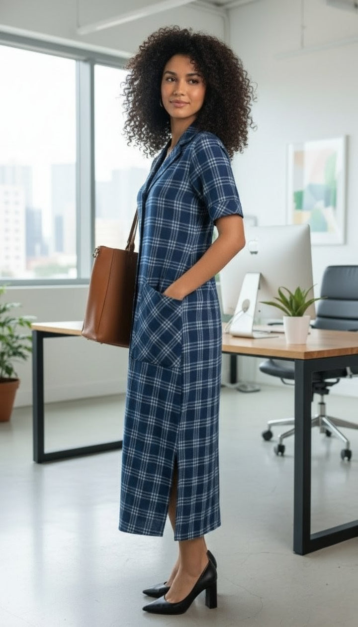 Indigo Check Notch Midi