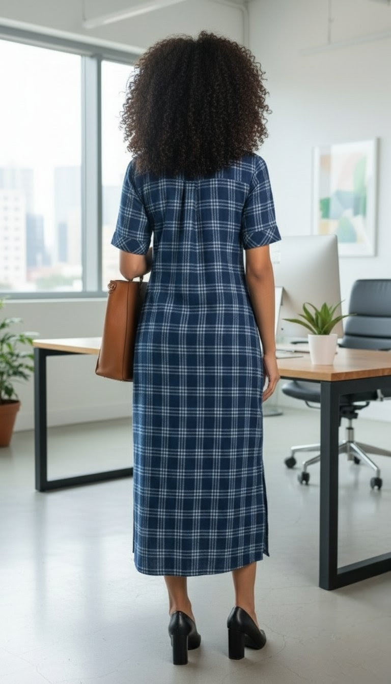 Indigo Check Notch Midi