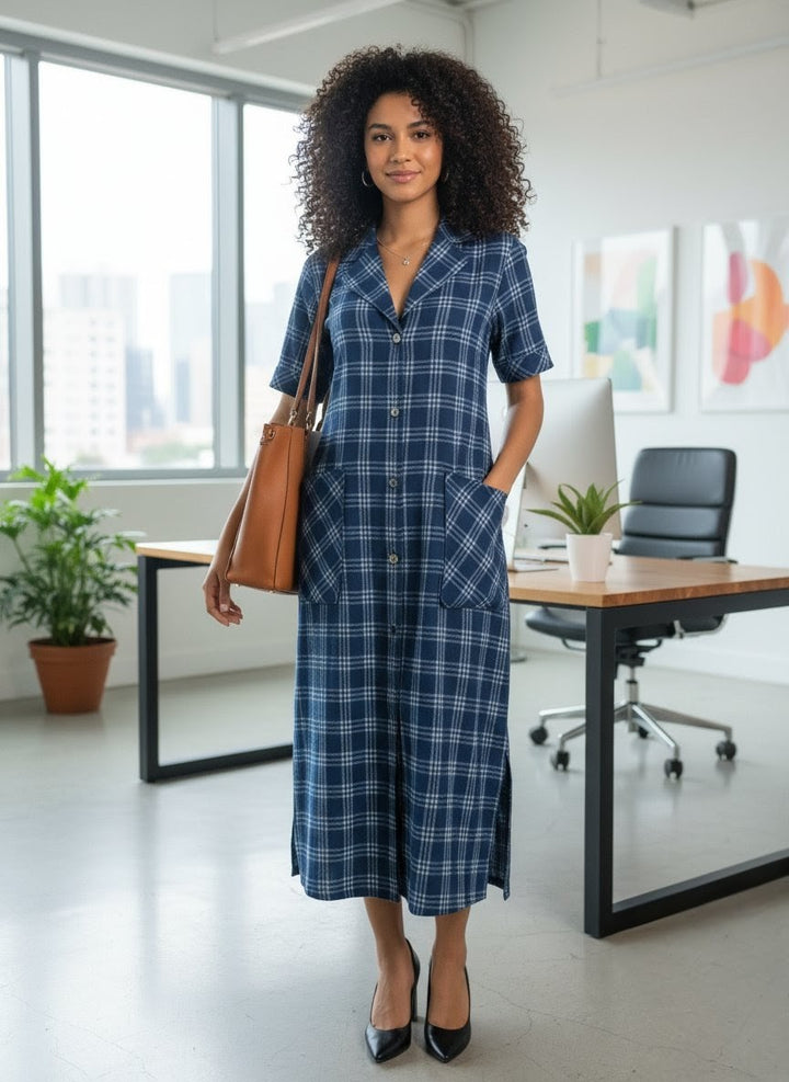 Indigo Check Notch Midi