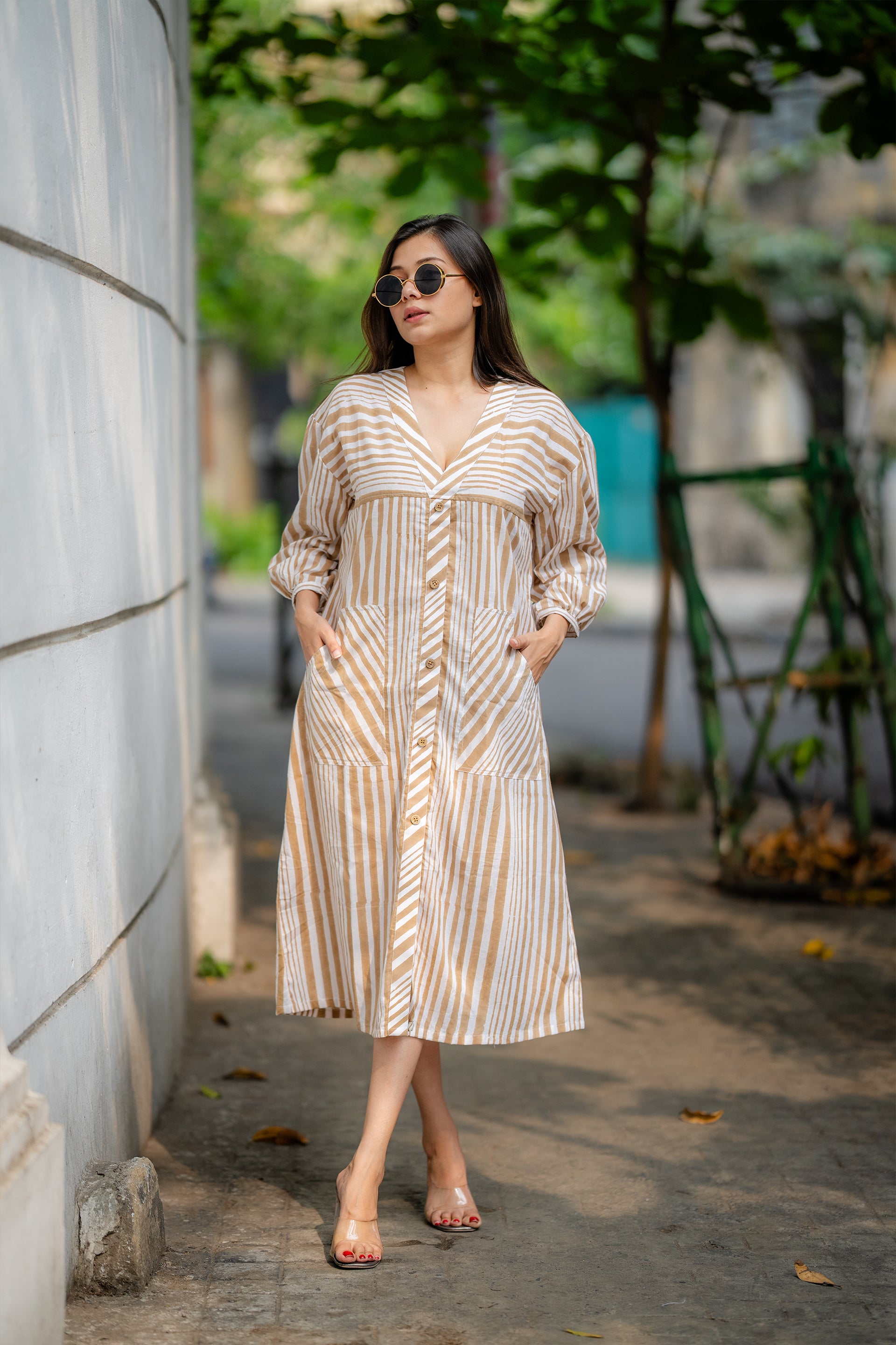 Cocoa Stripe Hand-Block Print Cotton Midi Dress | Nuchic Plus-Size