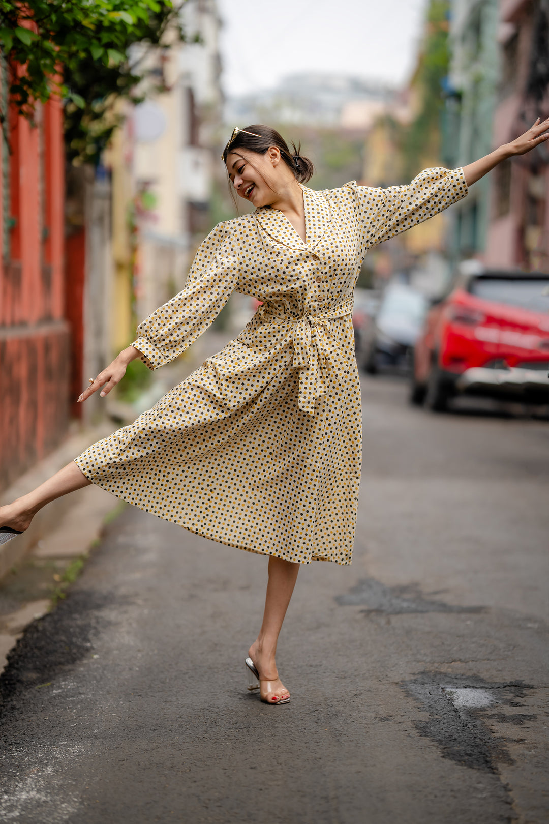 Folded Collar Polka Dress