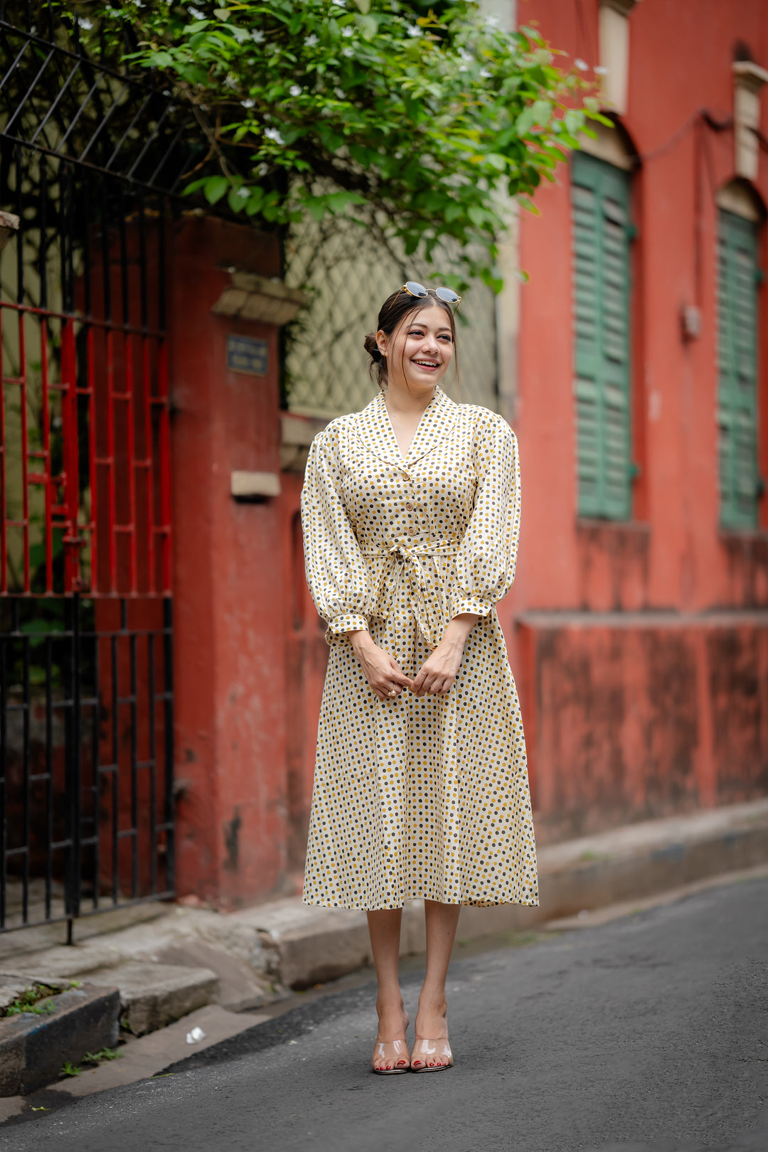 Folded Collar Polka Dress