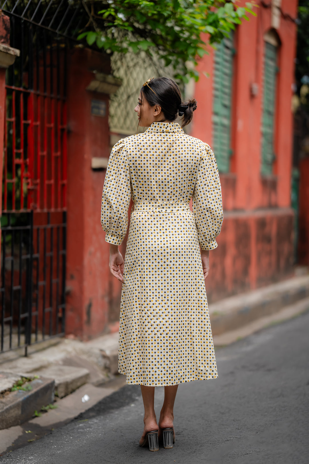 Folded Collar Polka Dress