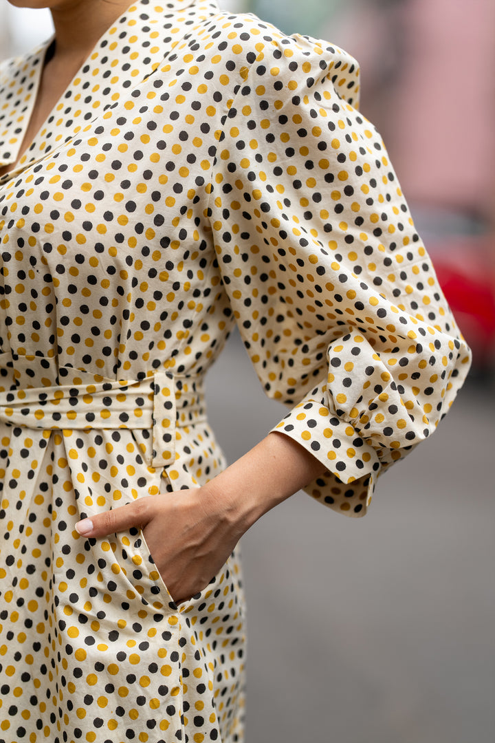 Folded Collar Polka Dress