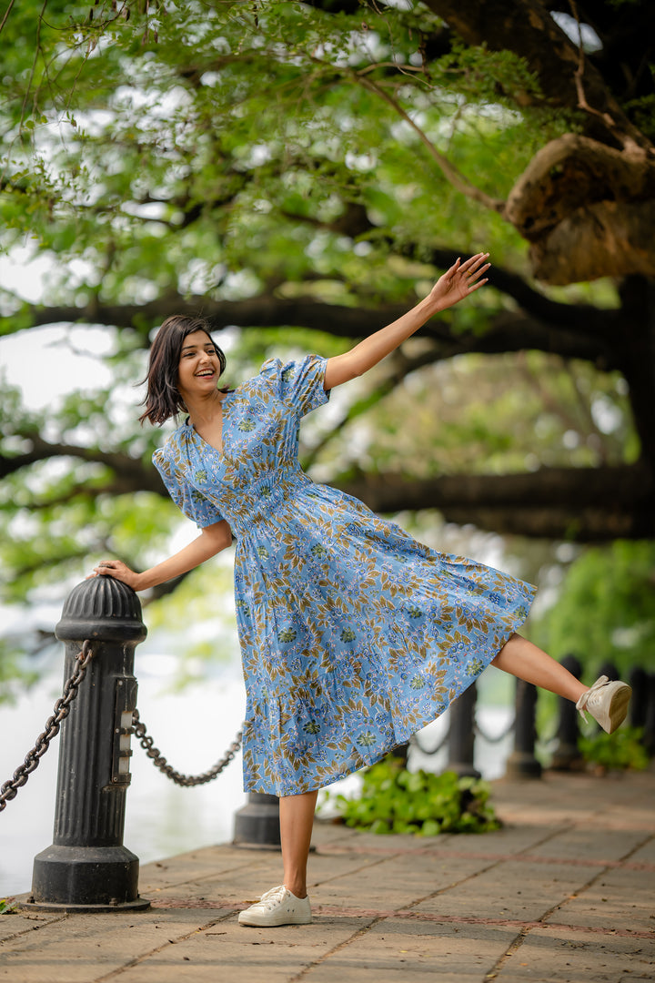 Floral cotton Smocked Waist Tiered Dress