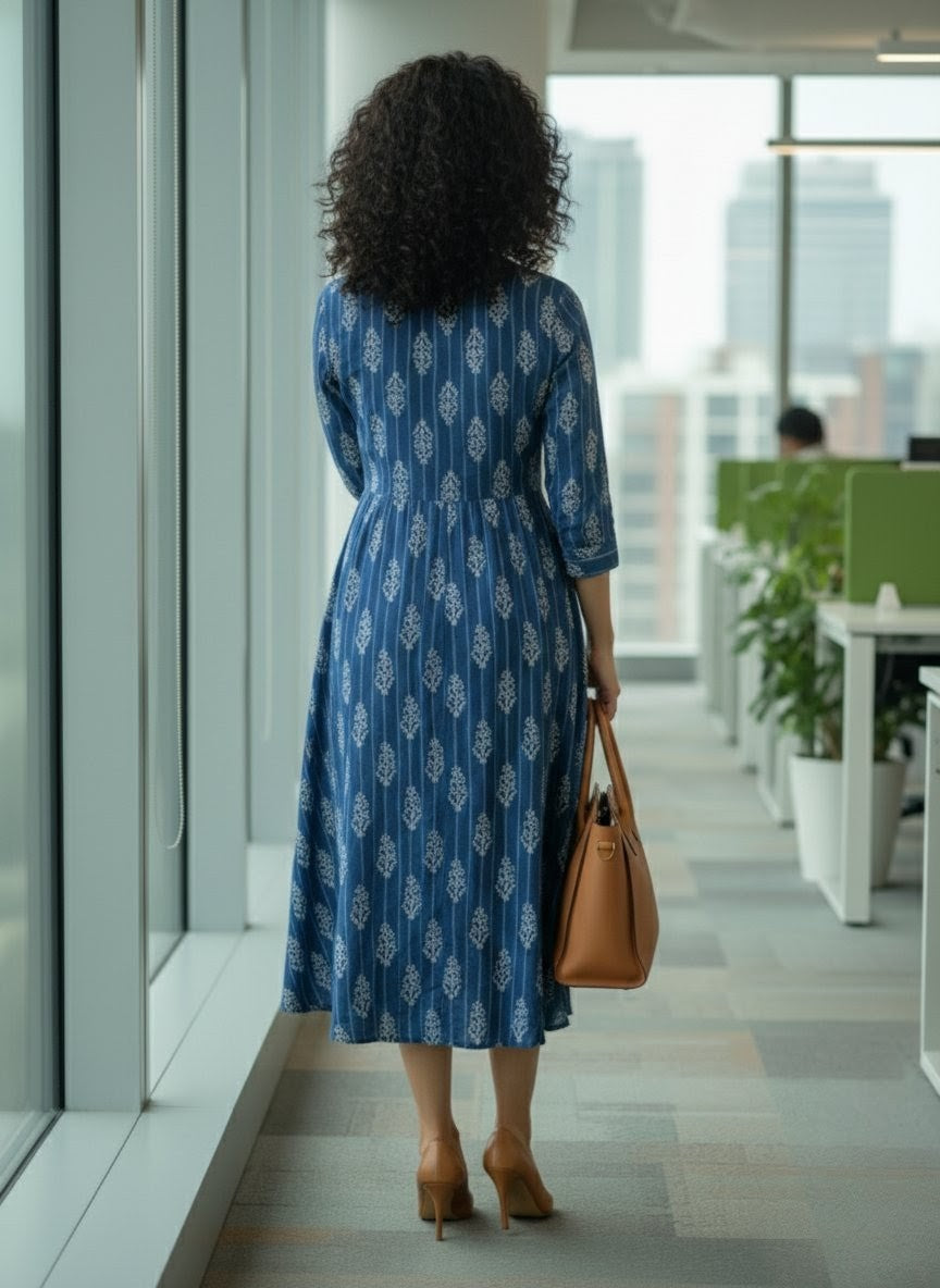 Indigo Leaf Work Dress