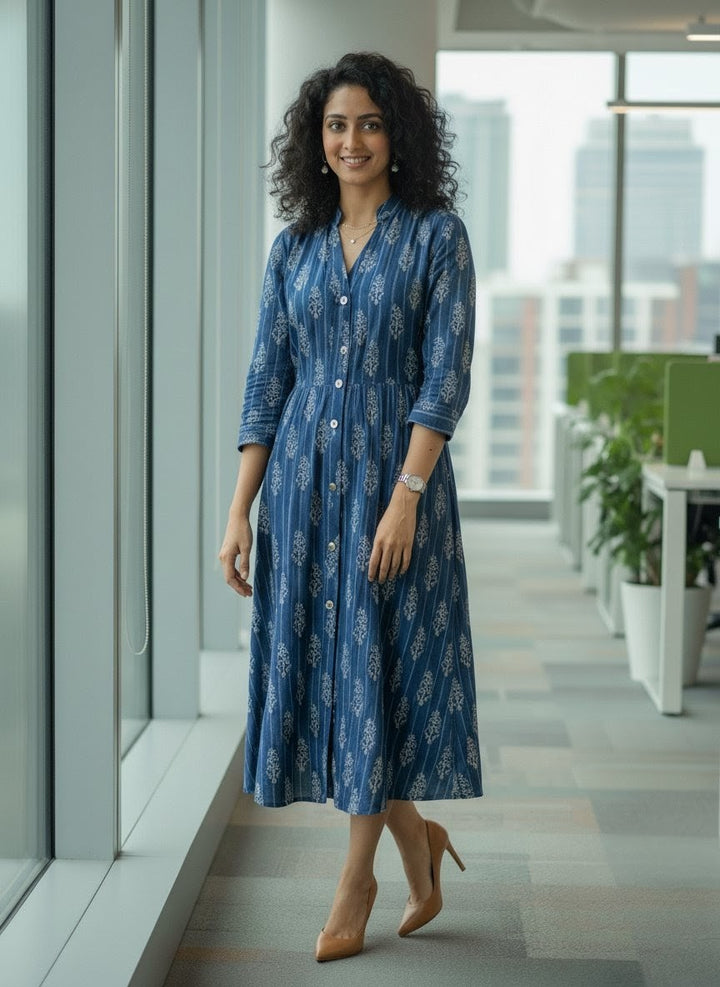 Indigo Leaf Work Dress