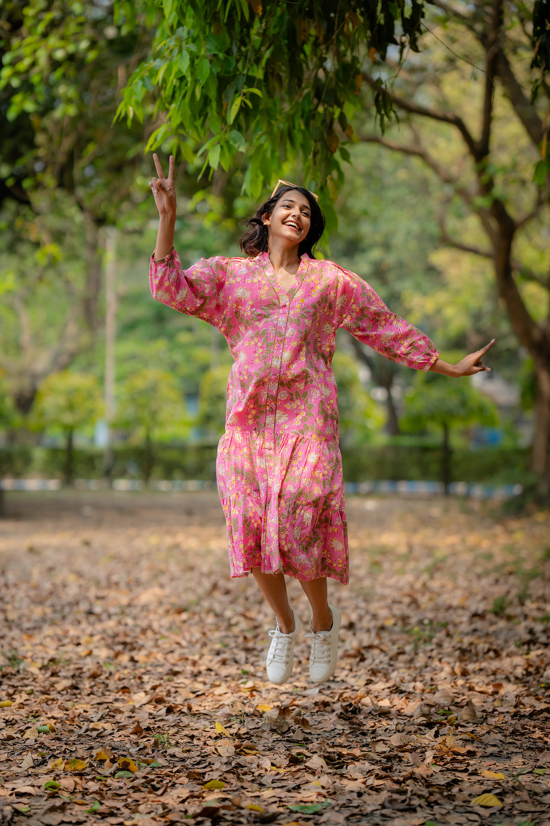 Joyful Garden Pink Raglan Midi Dress