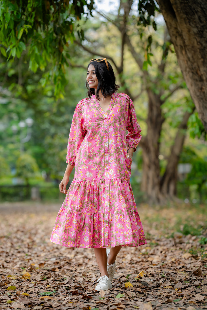 Joyful Garden Pink Raglan Midi Dress