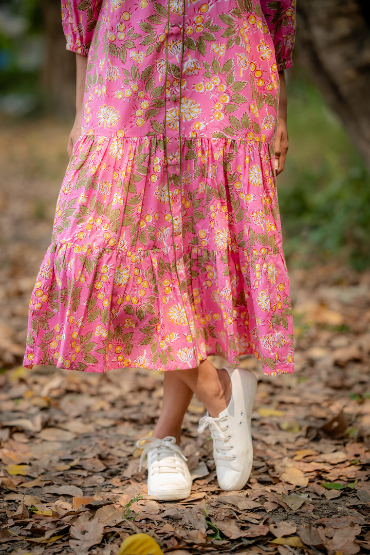 Joyful Garden Pink Raglan Midi Dress